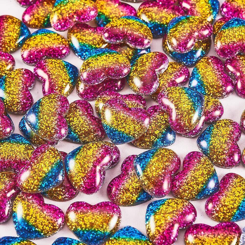 9567 200 Pcs Undrilled Beads with Glitter Powder Heart Flatback Charm